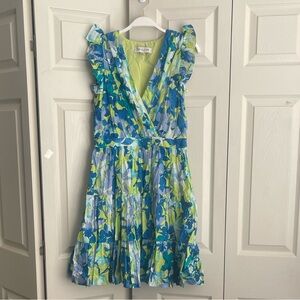 Taylor Blue Green Floral Ruffle Sleeve Tiered Mini Dress V Neck.  #500